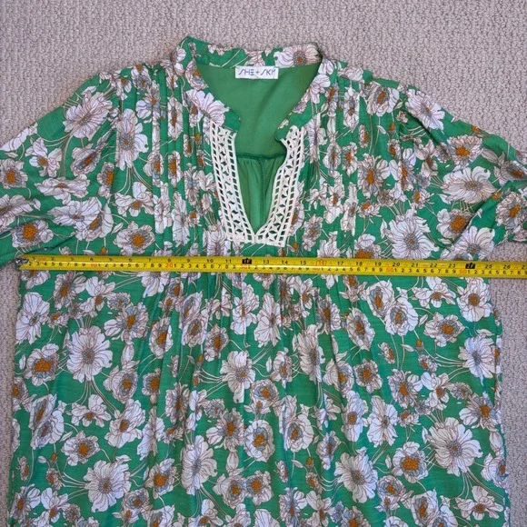 SHE + SKY Green Floral Split Neck Swing Dress 2XL Crochet trim dopamine dressing - Picture 9 of 16